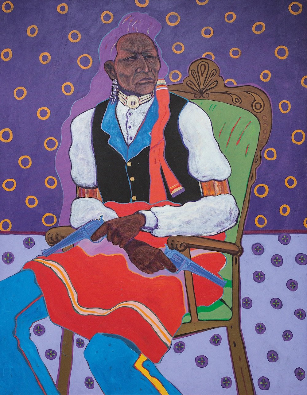 Two Guns Arikara, a painting by T.C. Cannon (Kiowa and Caddo)